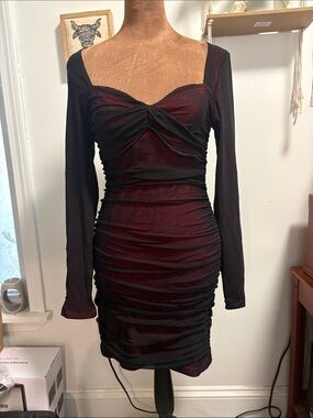 Ruched Long-Sleeve Bodycon Dress in Burgundy and Black